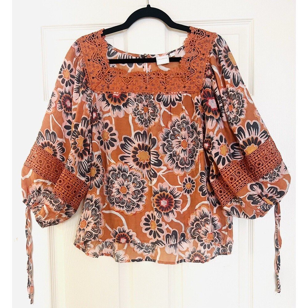 Zac & Rachel Orange Floral Peasant Blouse L Boho Crochet Lace Puff Sleeve NWOT